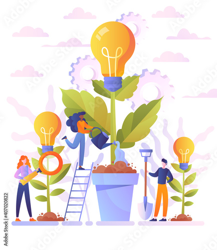 Business idea concept. People growing potted plants, metaphor for the birth of creative idea. Business idea analysis. Flat cartoon vector illustration