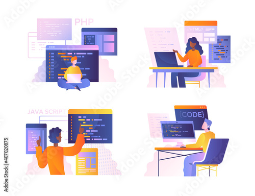 Set of diverse programmers or coders working on web development on computers. Concept of script coding and programming in different languages. Software developers. Flat cartoon vector illustration