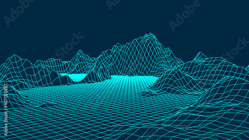 Technology wireframe landscape. Futuristic polygonal terrain background. Digital vector illustration. Retro design.