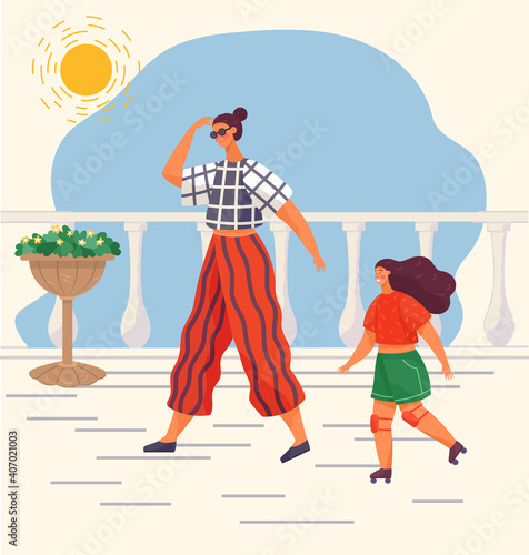 Couple mom and daughter walking in summer in hot weather under the scorching sun. Family is walking in fashionable modern clothes in summer. Mom stroll in sunglasses while daughter is rollerblading