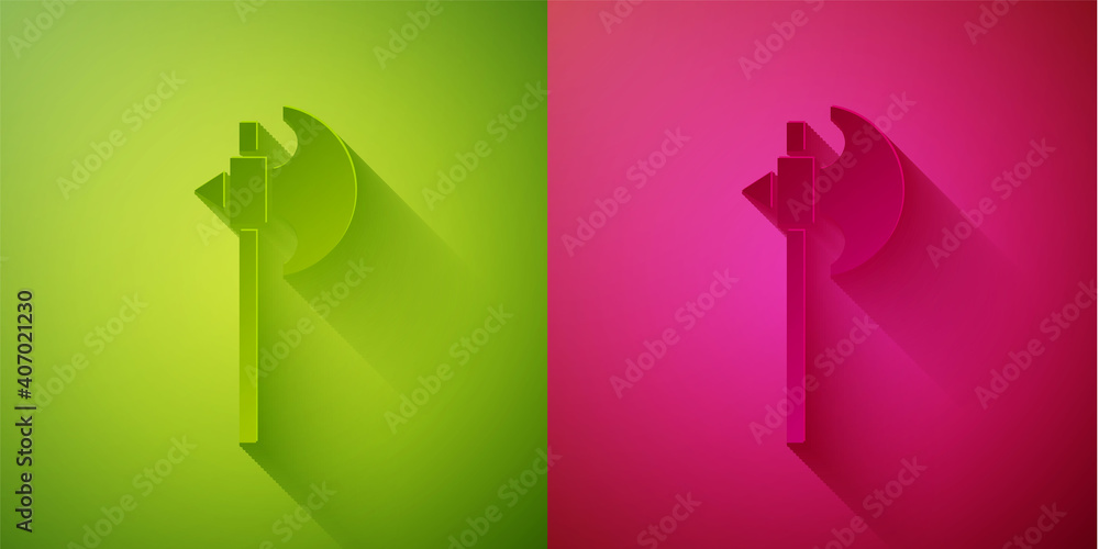 Paper cut Medieval axe icon isolated on green and pink background. Battle axe, executioner axe. Medieval weapon. Paper art style. Vector. Paper cut Medieval axe icon isolated on green and pink background. Battle axe, executioner axe. Medieval weapon. Paper art style. Vector.