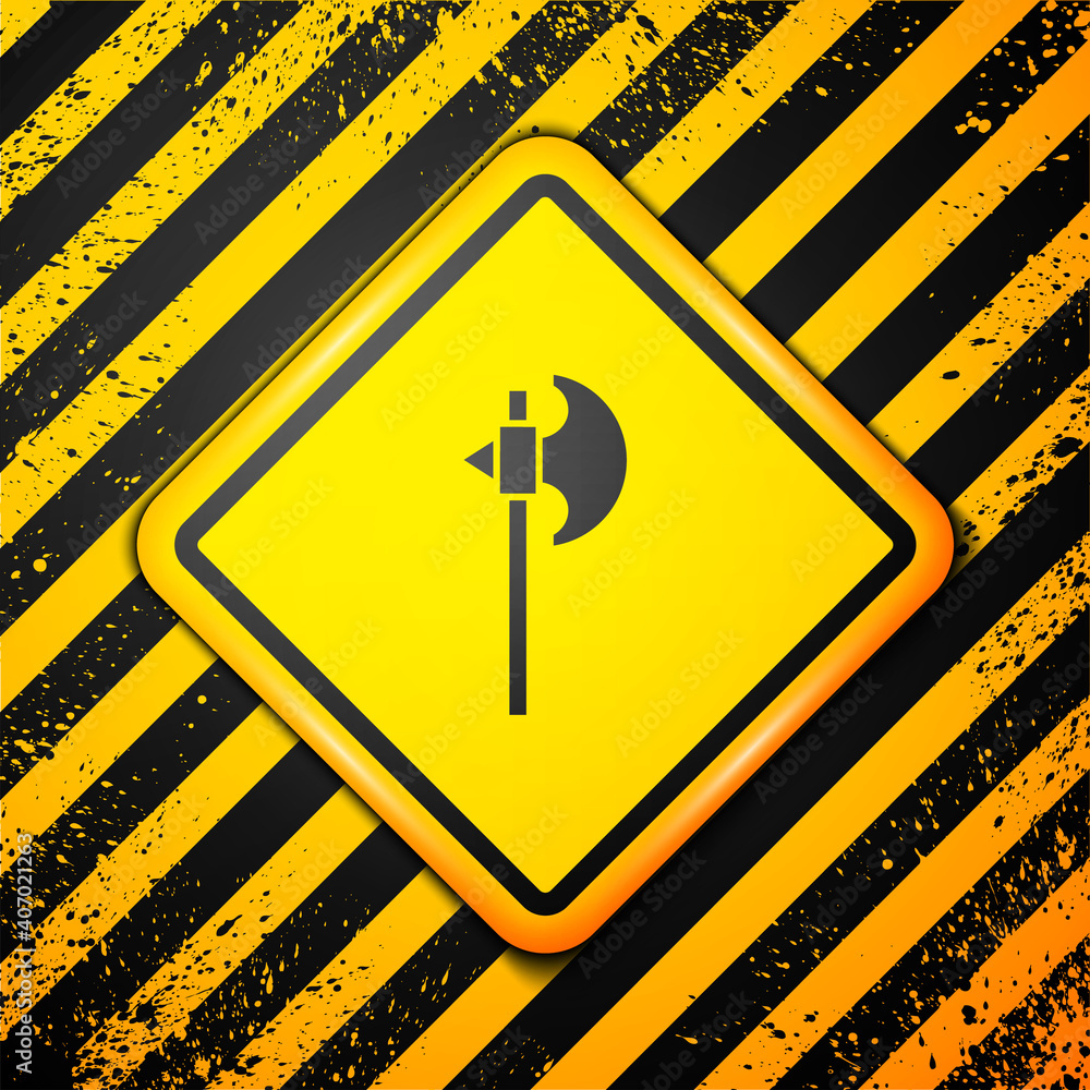 Black Medieval axe icon isolated on yellow background. Battle axe, executioner axe. Medieval weapon. Warning sign. Vector. Black Medieval axe icon isolated on yellow background. Battle axe, executioner axe. Medieval weapon. Warning sign. Vector.