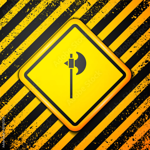 Black Medieval axe icon isolated on yellow background. Battle axe, executioner axe. Medieval weapon. Warning sign. Vector.