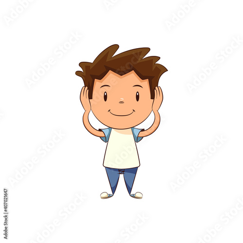 Child covering his ears, happy cute kid