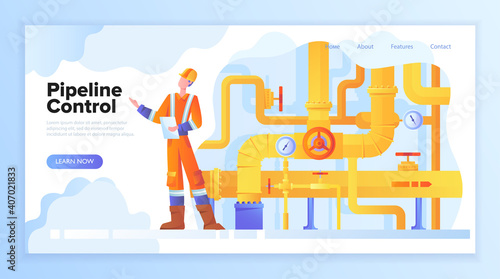 Pipeline concept. Gas or oil production operator in workwear standing near pipe valve. Yellow oil or gas pipes, manometer, valves. Flat vector illustration. Website, webpage or landing page template