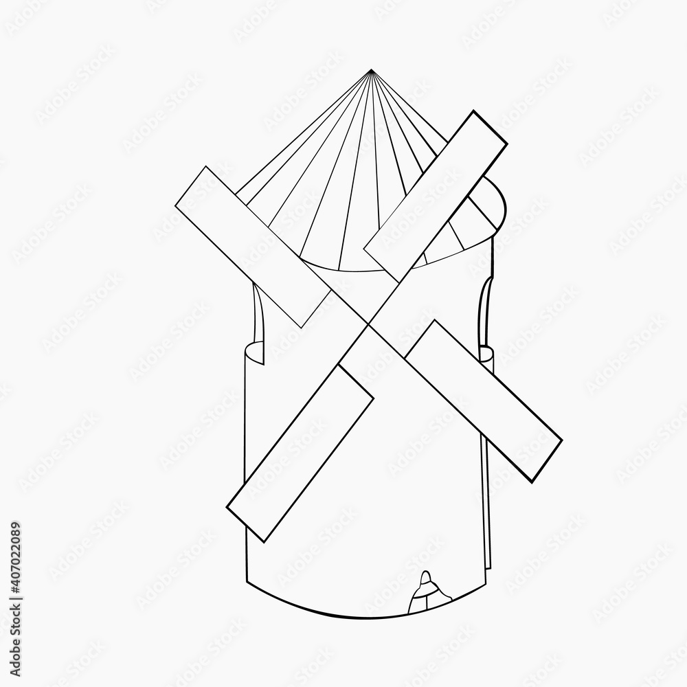 An illustration of a retro-looking round windmill on white background. Designed for prints, coloring page for adults and kids. An illustration of a retro-looking round windmill on white background. Designed for prints, coloring page for adults and kids.
