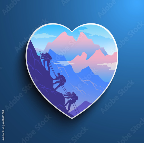 Climbing on mountain. Silhouette traveling people. Squad of three mountaineer alpinists with backpacks climb the slope of the mountain with a taut rope. Hiking and climbing team in heart shaped frame