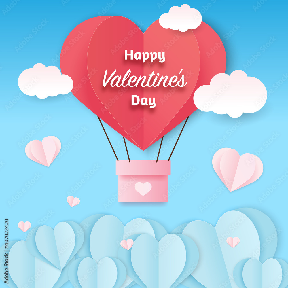 Red heart balloon floating in the sky with clouds above the blue and pink hearts vector illustration. Decorative paper cut for valentines day design