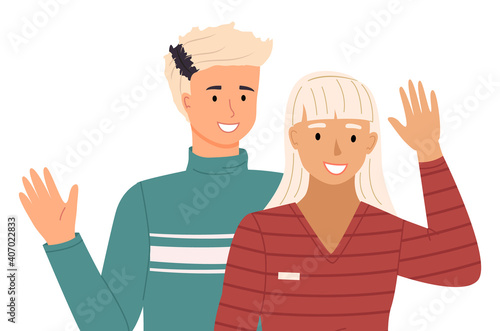 Young people in casual clothes isolated on white background. Friends guy and girl, couple in love. Smiling man and woman standing straight. Married couple husband and wife. Colleagues portrait