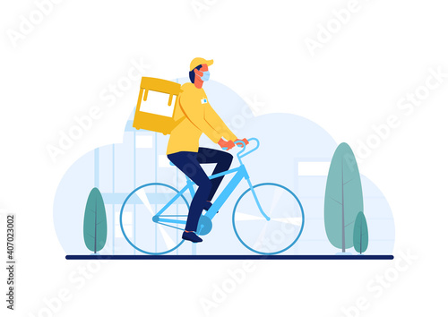 Bike delivery. Safe delivery concept. A courier on a bicycle with a protective mask on. Flat vector illustration.