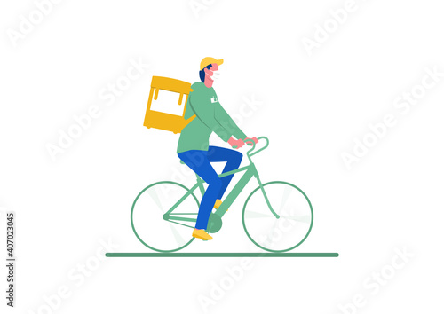 Bike delivery. Safe delivery concept. A courier on a bicycle with a protective mask on. Flat vector illustration.