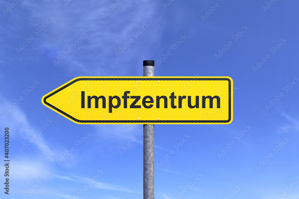 3d Illustation - Verkehrsschild - Impfzentrum - Wegweiser - Links - Verkehrszeichen - Coronavirus - Himmel - Wolken 3d Illustation - Verkehrsschild - Impfzentrum - Wegweiser - Links - Verkehrszeichen - Coronavirus - Himmel - Wolken