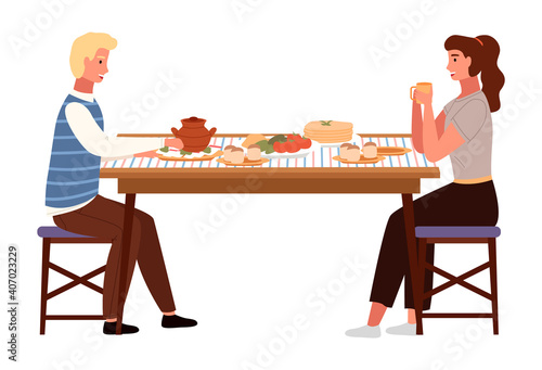 People on a date flat vector illustration. Dining table with borsch, pancakes and buns. Couple, eating russian food isolated on white background. Characters in relationship are communicating together
