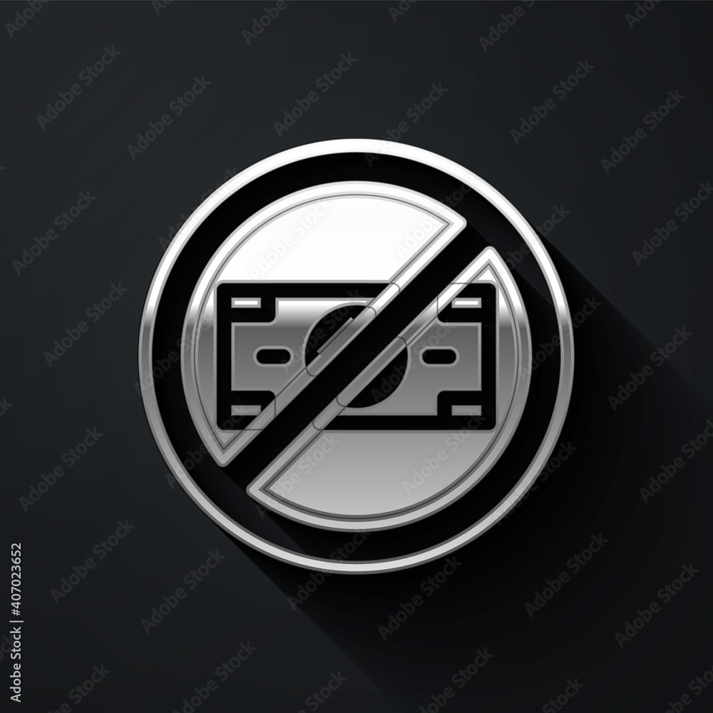 Silver No money icon isolated on black background. Prohibition of money. Long shadow style. Vector. Silver No money icon isolated on black background. Prohibition of money. Long shadow style. Vector.