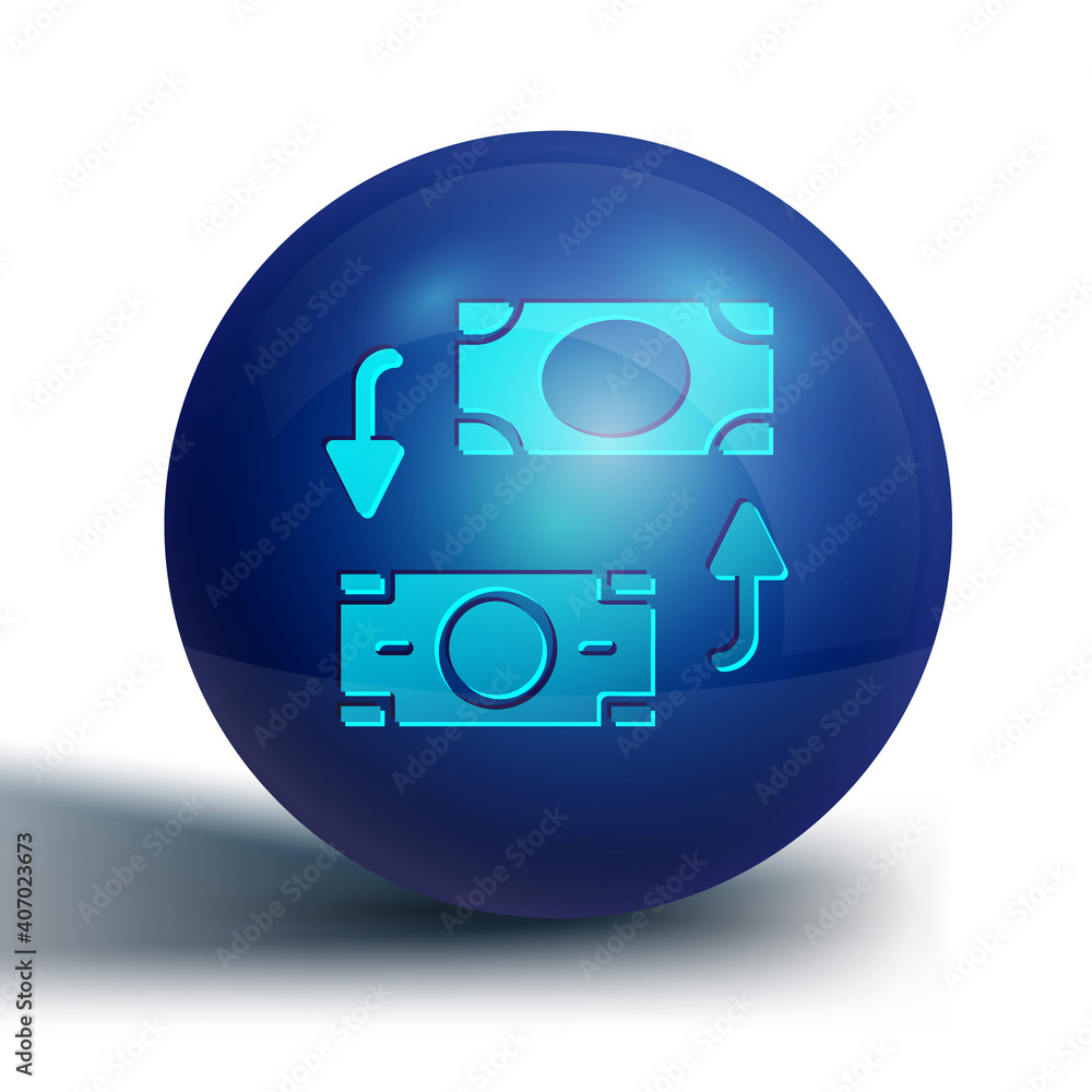 Blue Money exchange icon isolated on white background. Cash transfer symbol. Banking currency sign. Blue circle button. Vector. Blue Money exchange icon isolated on white background. Cash transfer symbol. Banking currency sign. Blue circle button. Vector.