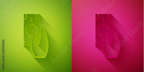 Paper cut Fast payments icon isolated on green and pink background. Fast money transfer payment. Financial services, fast loan, time is money, cash back concept. Paper art style. Vector.