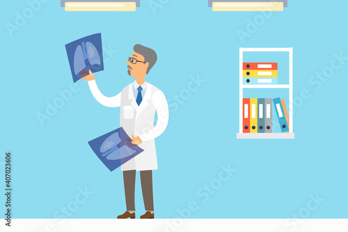 Professional oncologist male character in hospital office. Cancer disease diagnostic and treatment. Doctor examining a lung radiography holding X-ray picture. Man in white coat is looking at a photo