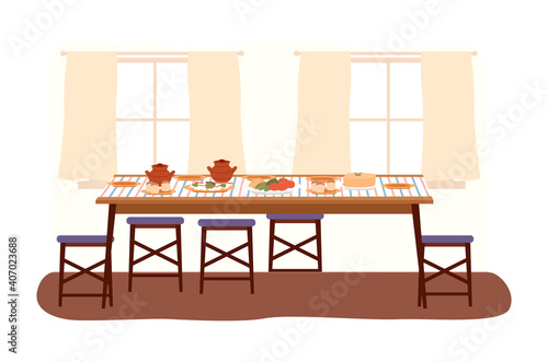 The dining room design flat vector illustration. Dining table with food and chairs nearby. Furniture model for the interior of a room for dinner eating and spending time. Arrangement of furniture at