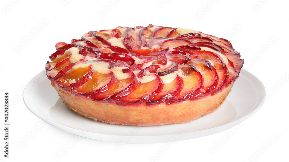 Delicious cake with plums isolated on white Delicious cake with plums isolated on white
