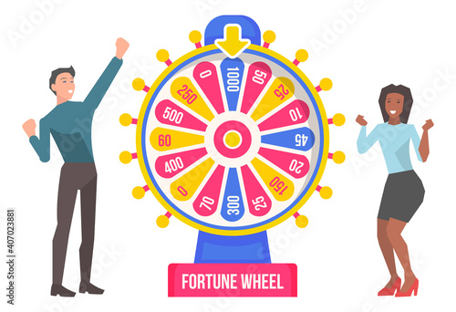 Game fortune wheel concept. People playing risk game with fortune wheel and lottery. Illustration of casino fortune, wheel winner game, flat style. Man and woman won, joyfully raised their hands up