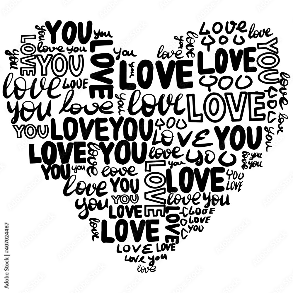 Love Heart words. Word cloud. Valentine's day gift. Isolated heart. Vector illustration. Heart From Love Words. Heart shape.