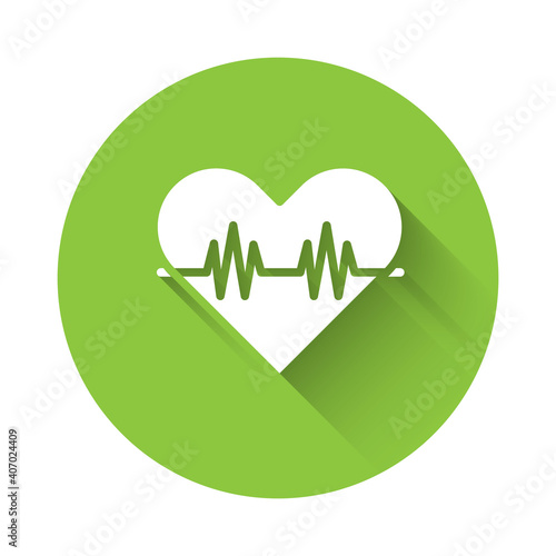 White Heart rate icon isolated with long shadow. Heartbeat sign. Heart pulse icon. Cardiogram icon. Green circle button. Vector.