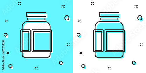 Black line Sports nutrition bodybuilding proteine power drink and food icon isolated on green and white background. Random dynamic shapes. Vector.