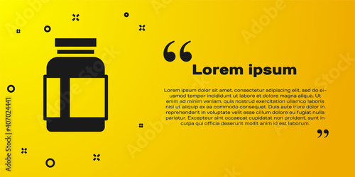 Black Sports nutrition bodybuilding proteine power drink and food icon isolated on yellow background. Vector.