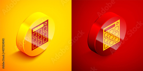Isometric Drum machine music producer equipment icon isolated on orange and red background. Circle button. Vector.