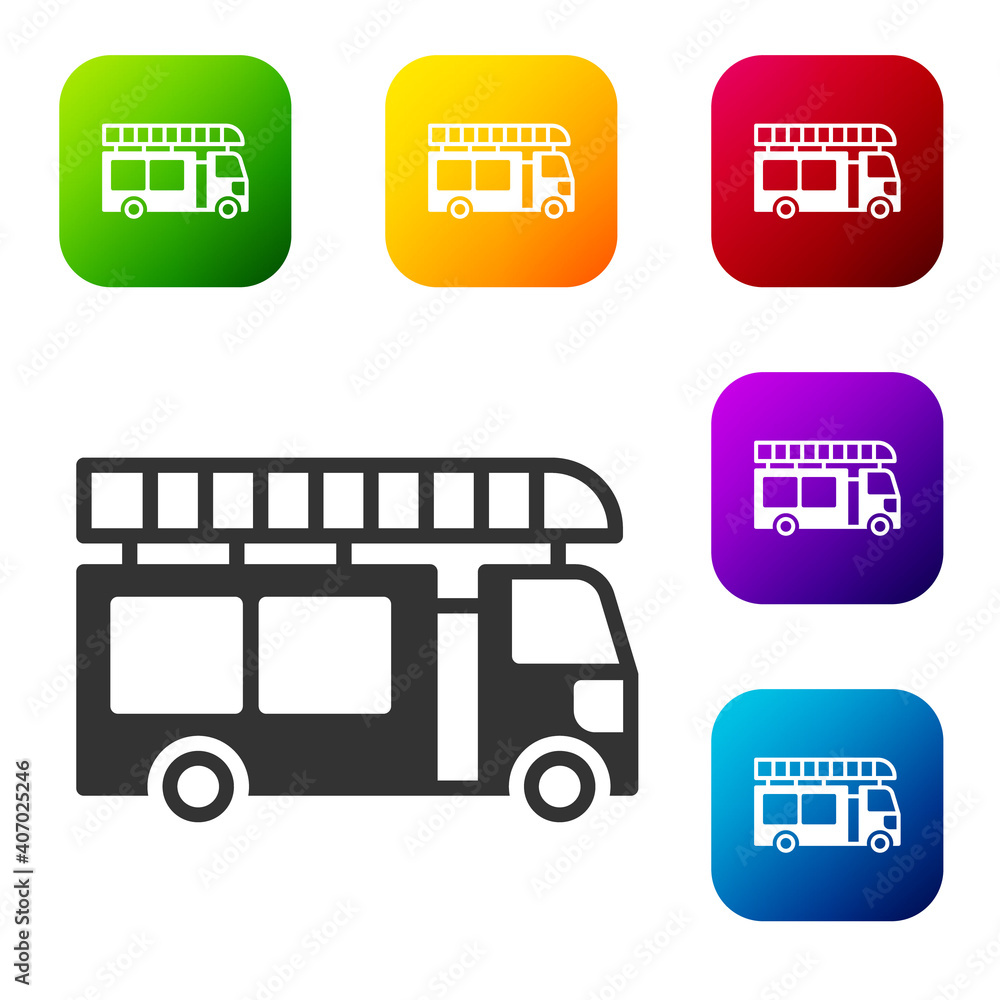 Black Fire truck icon isolated on white background. Fire engine. Firefighters emergency vehicle. Set icons in color square buttons. Vector. Black Fire truck icon isolated on white background. Fire engine. Firefighters emergency vehicle. Set icons in color square buttons. Vector.