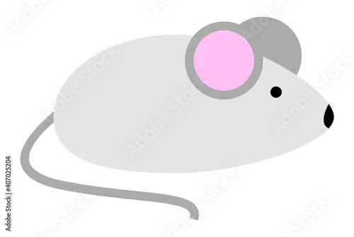 Little cute mouse with pink ears in cartoon style. Vector illustration of a mouse osolated on a white background. Gray rat side view. Mousekin a pet, field rodent lives in a hole likes grain