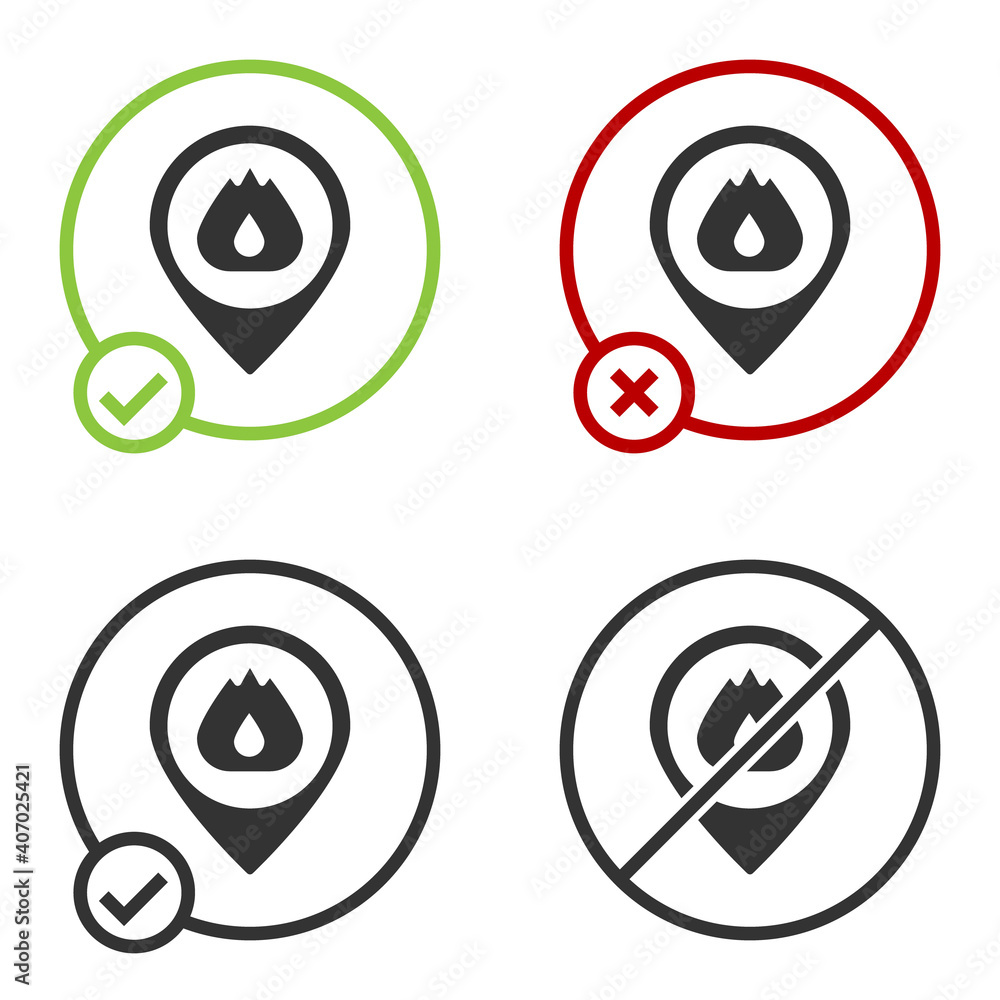 Black Map pointer with fire flame icon isolated on white background. Fire nearby. Circle button. Vector. Black Map pointer with fire flame icon isolated on white background. Fire nearby. Circle button. Vector.