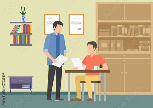 Business meeting or working process in office interior. Male boss sitting at a table reading document, talking to manager. Project management and teamwork concept. Businessmen make a financial report