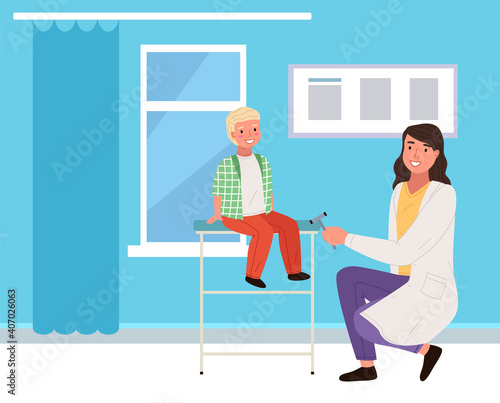Doctor knocks on the knee with a special hammer to check reflexes. Boy at neurologist s appointment. People together in the pediatrician s office. Kid is visiting doctor during regular medical checkup