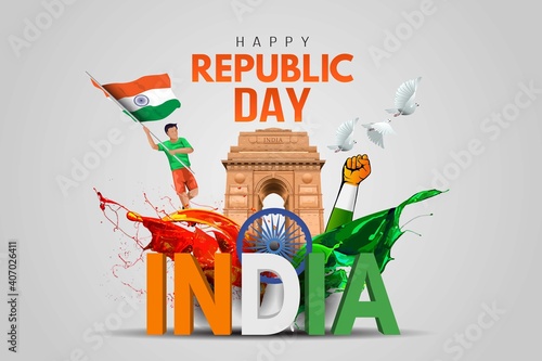 Indian republic Day celebrations with 26th January india 3d text and Ashoka Wheel, try color hand, man running with indian flag, india gate. vector illustration design 
