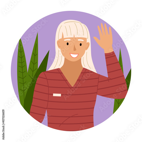 Blonde girl is waving her hand. Cheerful girl greets in a round frame vector illustration. Female character shows greeting gesture. Smiling woman raises her hand up isolated on white background