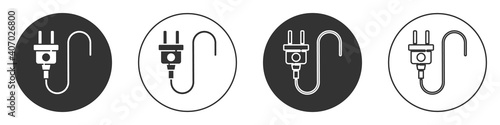 Black Electric plug icon isolated on white background. Concept of connection and disconnection of the electricity. Circle button. Vector.