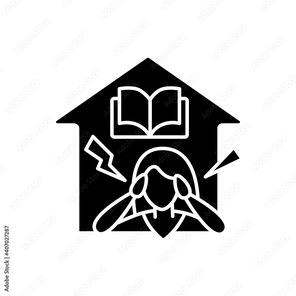 Stress at home glyph icon. Mom is tired of her child home schooling. Online education concept. Distance learning and home teaching. Isolated silhouette vector illustration Stress at home glyph icon. Mom is tired of her child home schooling. Online education concept. Distance learning and home teaching. Isolated silhouette vector illustration
