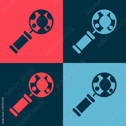 Pop art DNA research, search icon isolated on color background. Magnifying glass and dna chain. Genetic engineering, cloning, paternity testing. Vector.