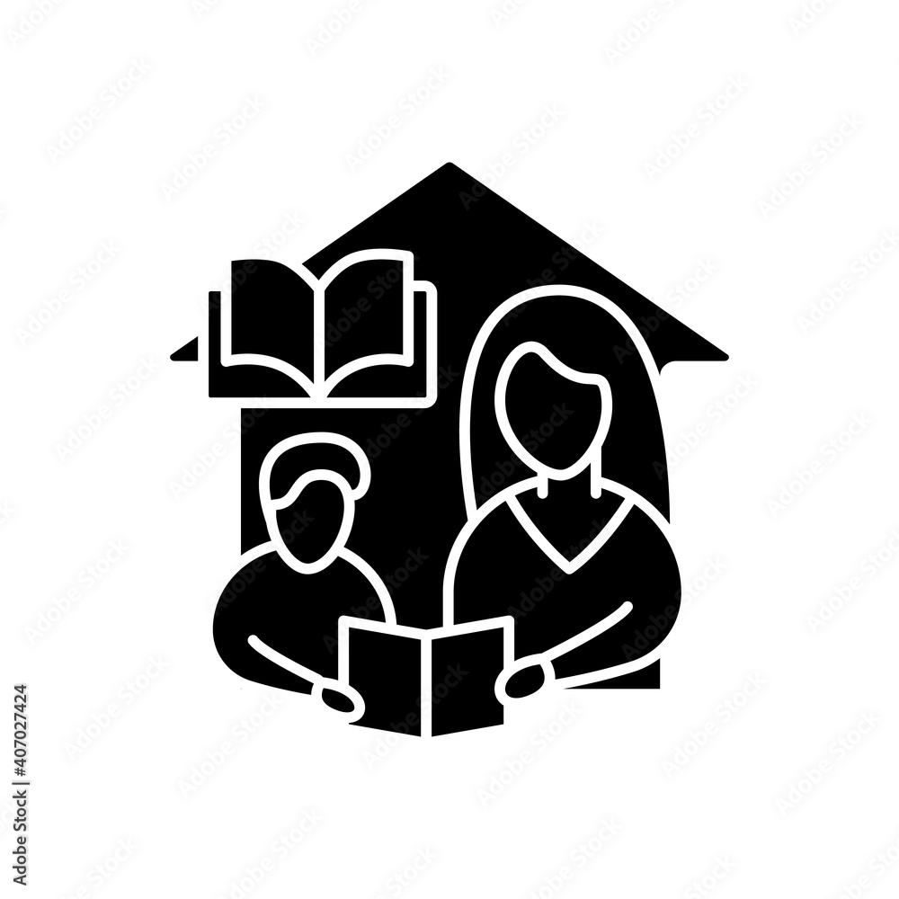 Reading book glyph icon. Child learns to translate text with mom. Online education concept. Distant remote teaching and homeschooling. Isolated silhouette vector illustration Reading book glyph icon. Child learns to translate text with mom. Online education concept. Distant remote teaching and homeschooling. Isolated silhouette vector illustration