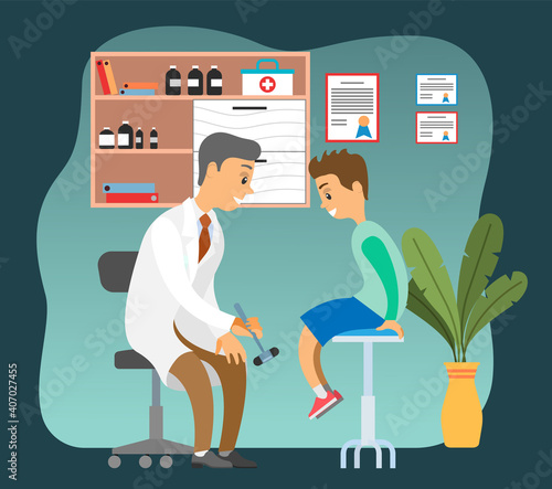 Doctor doing a physical examination of the patient. Neurologist examining boy for diagnosis in hospital room. Male medic with neurological hammer checks the reflexes of the child sitting on the chair