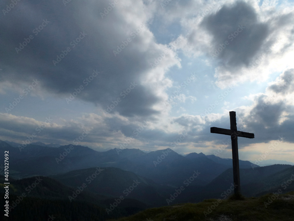 Summit cross of Schildenstein mountain, Bavaria, Germany