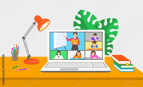 Virtual class online school distance learning teleconference. Asian kids stay home watching young woman teacher video call. Remote education on coronavirus pandemic. Learning school program at home