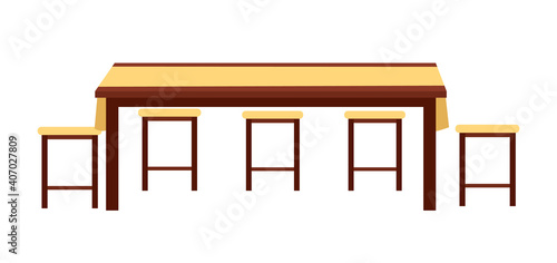 Dining room interior design vector illustration. Wooden dining table with stools isolated on white background. Furniture model made of wood for the interior of a room. Arrangement of furniture at home