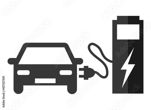 Electric car at the charging station. Grey black vector icon illustration pictogram III.