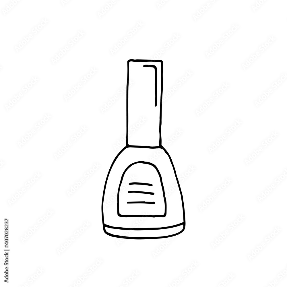 A bottle of nail polish. Manicure. Pedicure. Nail care. Vector hand-drawn doodle illustration. Black and white outline A bottle of nail polish. Manicure. Pedicure. Nail care. Vector hand-drawn doodle illustration. Black and white outline