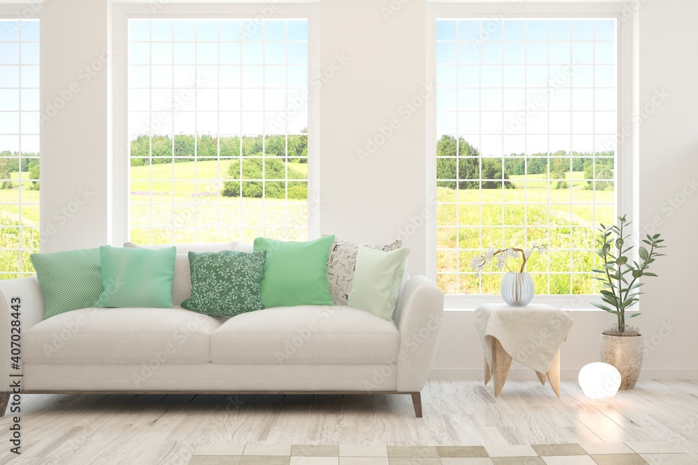 White living room with sofa and summer landscape in window. Scandinavian interior design. 3D illustration White living room with sofa and summer landscape in window. Scandinavian interior design. 3D illustration