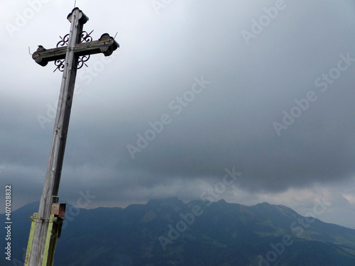 Summit cross of Seebergkopf mountain, Bavaria, Germany photo