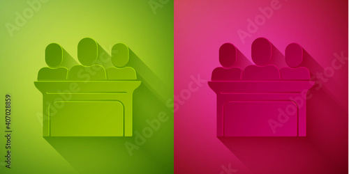 Paper cut Jurors icon isolated on green and pink background. Paper art style. Vector.