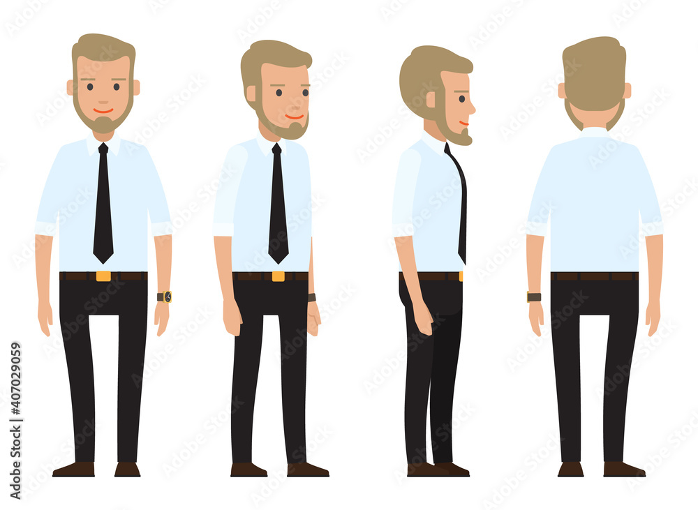 Collection of vector cartoon character. Businessman wearing suit with black tie, white shirt, belt, black trousers. Dresscode of adult business person. Views of stylish man from front, back sides Collection of vector cartoon character. Businessman wearing suit with black tie, white shirt, belt, black trousers. Dresscode of adult business person. Views of stylish man from front, back sides